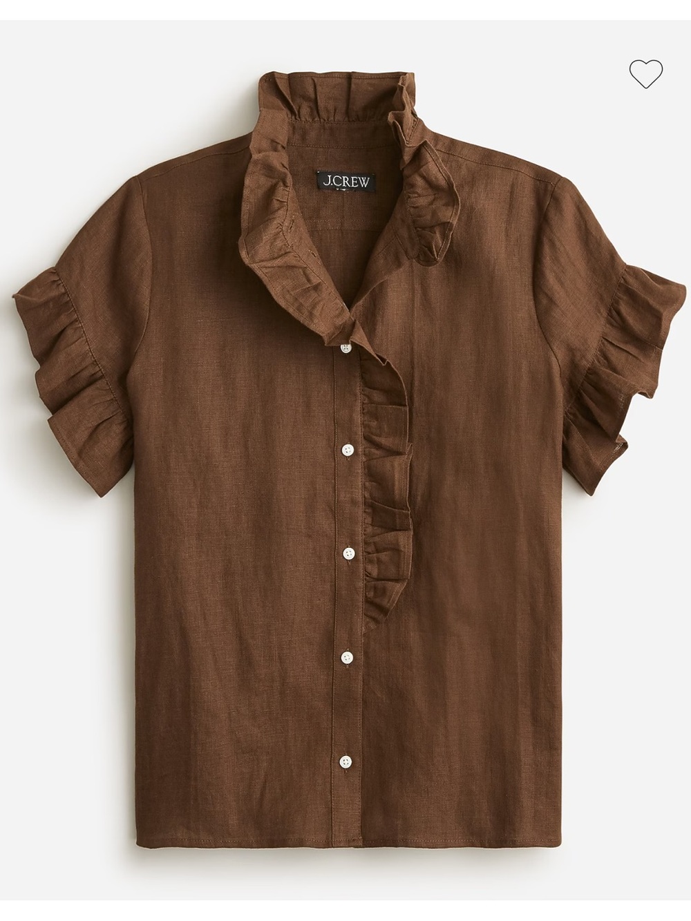 J. Crew Brown Ruffle-Trim Linen Short Sleeve Button-Down Shirt